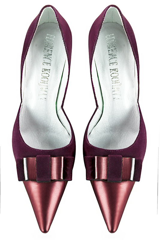 Burgundy red women's open arch dress pumps. Pointed toe. Very high slim heel. Top view - Florence KOOIJMAN